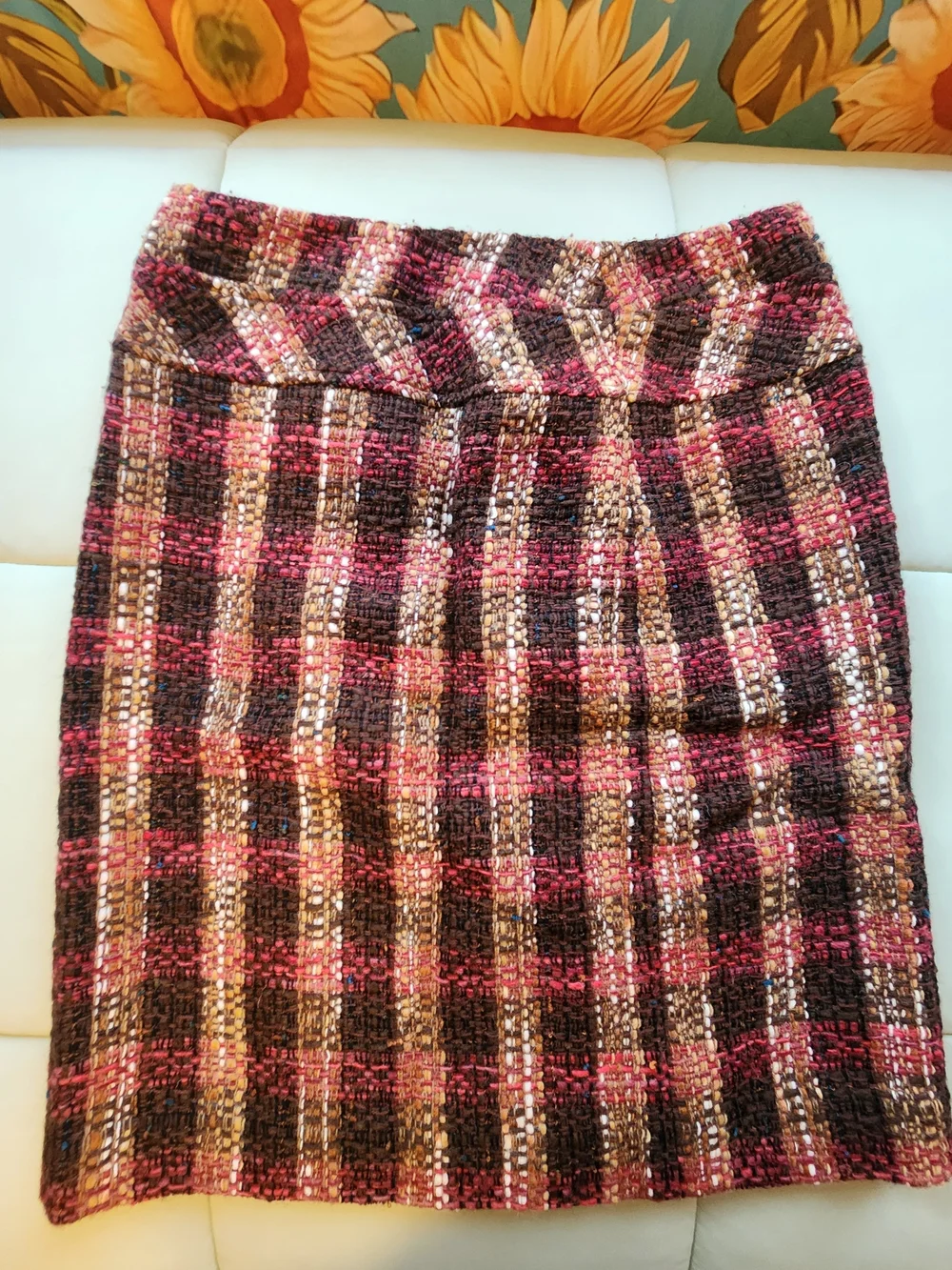LOFT Plaid Tweed Skirt in Pink, Brown & Cream